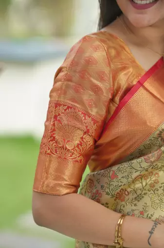 beige color kanjivaram silk blend zari weaving saree with blouse 