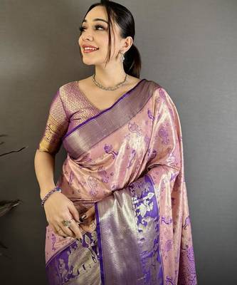 pink-blue color kanjivaram silk blend zari woven sarees 5