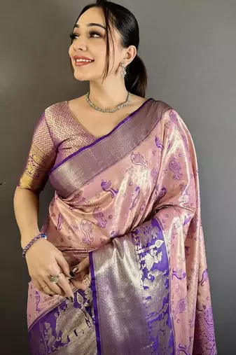 pink-blue color kanjivaram silk blend zari woven sarees
