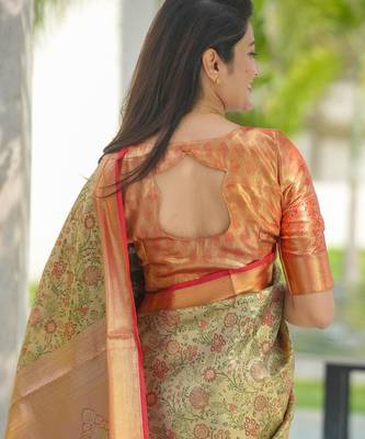 beige color kanjivaram silk blend zari weaving saree with blouse  4