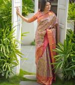 pink color kanjivaram silk blend zari weaving saree with blouse 