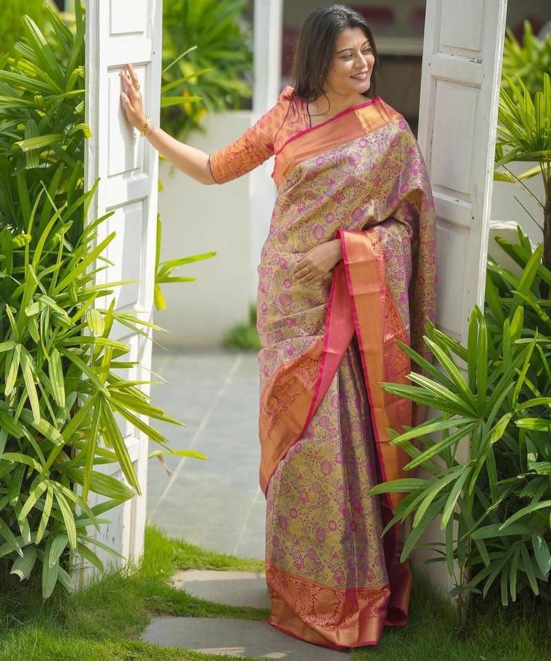 pink color kanjivaram silk blend zari weaving saree with blouse 