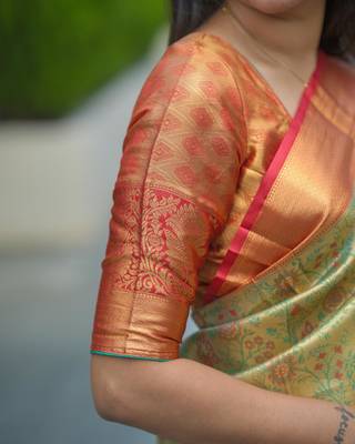 pista green color kanjivaram silk blend zari weaving saree with blouse  3