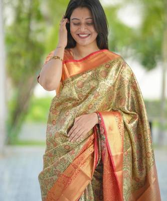 beige color kanjivaram silk blend zari weaving saree with blouse  5