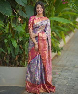 blue color kanjivaram silk blend zari weaving saree with blouse  1