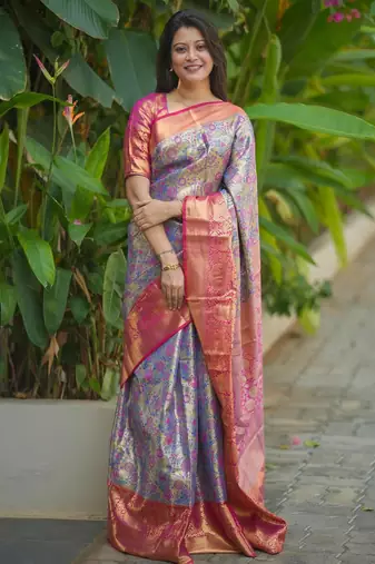 blue color kanjivaram silk blend zari weaving saree with blouse 