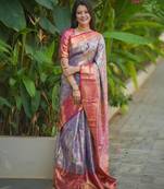 blue color kanjivaram silk blend zari weaving saree with blouse 