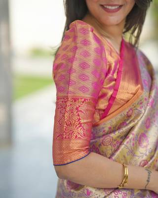 pink color kanjivaram silk blend zari weaving saree with blouse  2