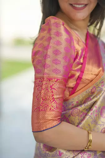 pink color kanjivaram silk blend zari weaving saree with blouse 
