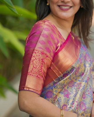 blue color kanjivaram silk blend zari weaving saree with blouse  2