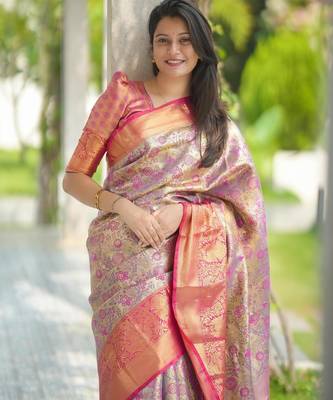 pink color kanjivaram silk blend zari weaving saree with blouse  3