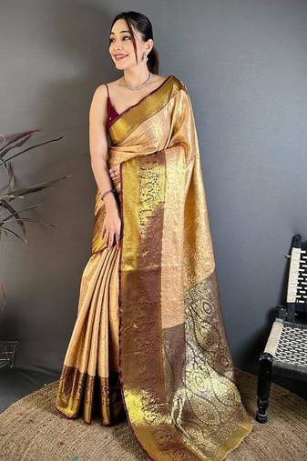 beige color kanchipuram silk blend zari woven sarees
