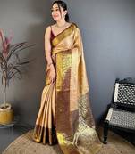 beige color kanchipuram silk blend zari woven sarees