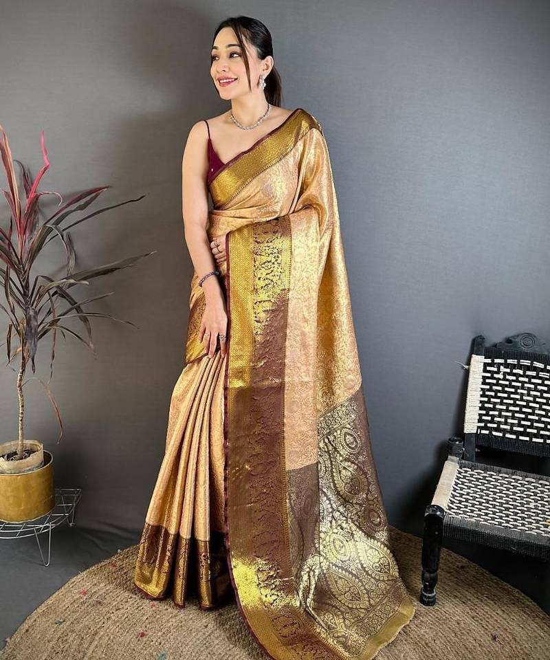 beige color kanchipuram silk blend zari woven sarees