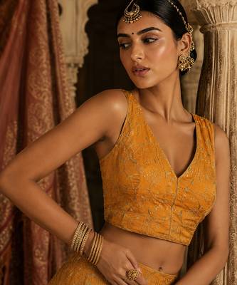 Yellow embroidered fancydesigner saree blouse 4