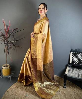 beige color kanchipuram silk blend zari woven sarees 2