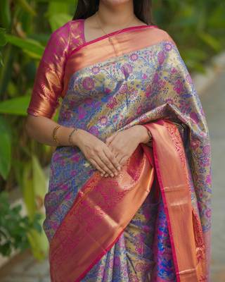 blue color kanjivaram silk blend zari weaving saree with blouse  3