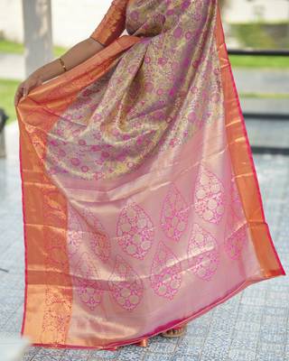 pink color kanjivaram silk blend zari weaving saree with blouse  4