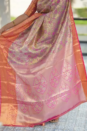 pink color kanjivaram silk blend zari weaving saree with blouse 