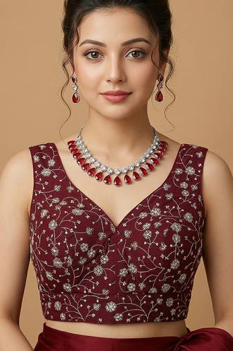 Maroon embroidered v neck designer saree blouse