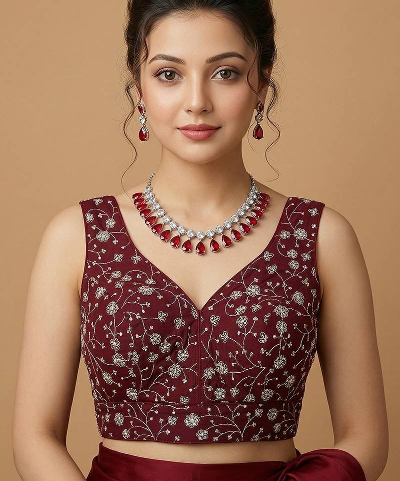 Maroon embroidered v neck designer saree blouse