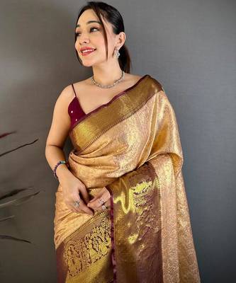 beige color kanchipuram silk blend zari woven sarees 3