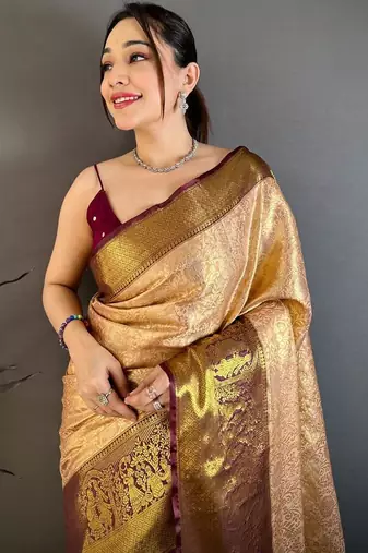 beige color kanchipuram silk blend zari woven sarees