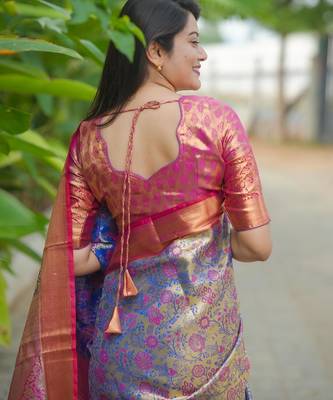 blue color kanjivaram silk blend zari weaving saree with blouse  4