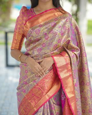 pink color kanjivaram silk blend zari weaving saree with blouse  5