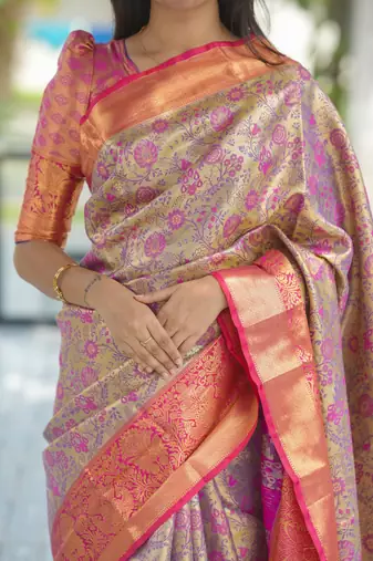 pink color kanjivaram silk blend zari weaving saree with blouse 