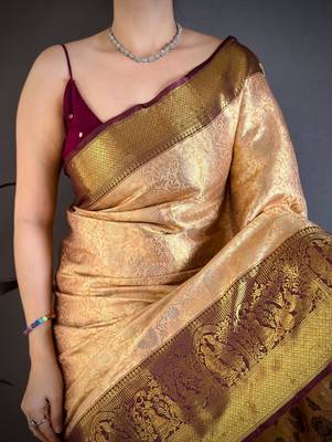 beige color kanchipuram silk blend zari woven sarees 4