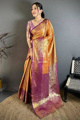 orange color kanchipuram silk blend zari woven sarees