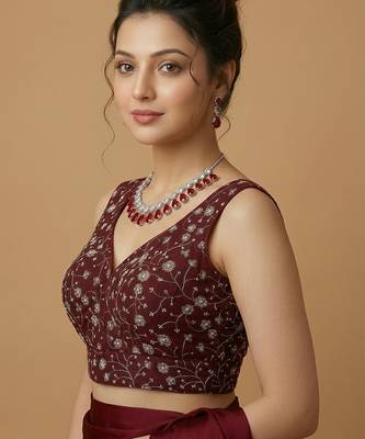 Maroon embroidered v neck designer saree blouse 2