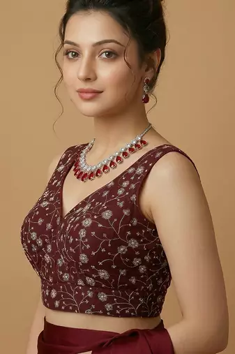 Maroon embroidered v neck designer saree blouse