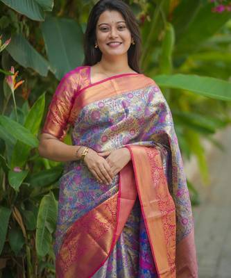 blue color kanjivaram silk blend zari weaving saree with blouse  5