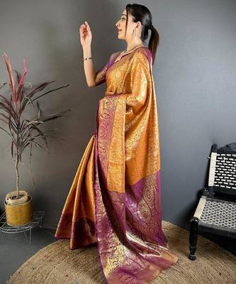 orange color kanchipuram silk blend zari woven sarees 2
