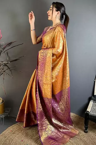 orange color kanchipuram silk blend zari woven sarees