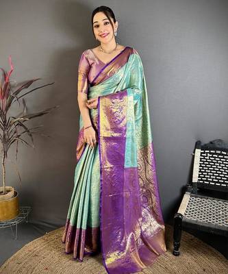 light sky blue color kanchipuram silk blend zari woven sarees 1