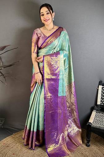 light sky blue color kanchipuram silk blend zari woven sarees