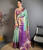 light sky blue color kanchipuram silk blend zari woven sarees