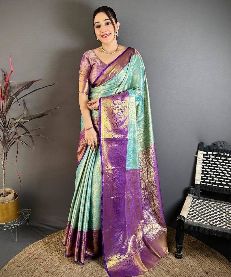 light sky blue color kanchipuram silk blend zari woven sarees