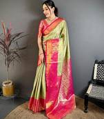 pista green color kanchipuram silk blend zari woven sarees