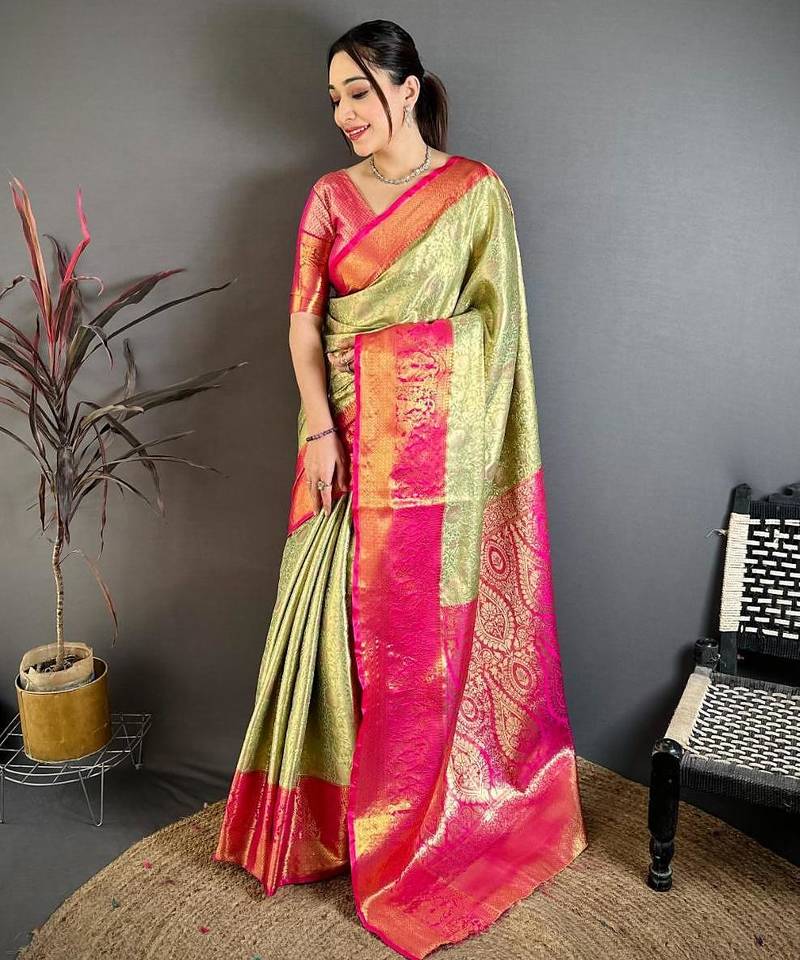 pista green color kanchipuram silk blend zari woven sarees