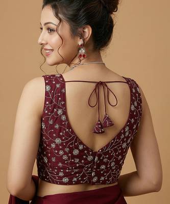 Maroon embroidered v neck designer saree blouse 3