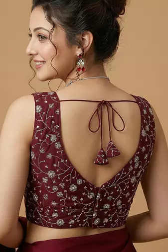 Maroon embroidered v neck designer saree blouse