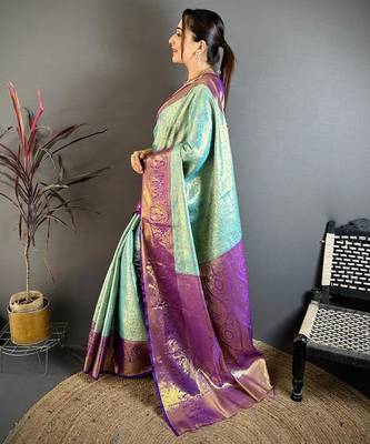 light sky blue color kanchipuram silk blend zari woven sarees 2