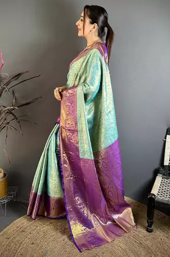 light sky blue color kanchipuram silk blend zari woven sarees