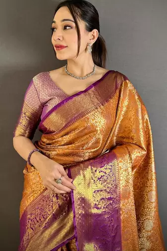 orange color kanchipuram silk blend zari woven sarees