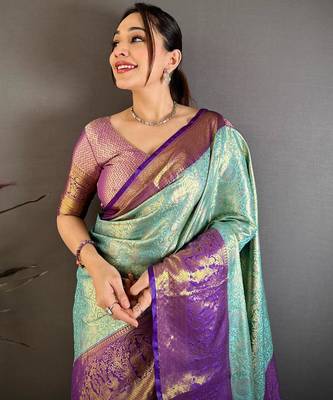 light sky blue color kanchipuram silk blend zari woven sarees 3