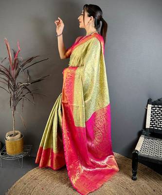 pista green color kanchipuram silk blend zari woven sarees 2